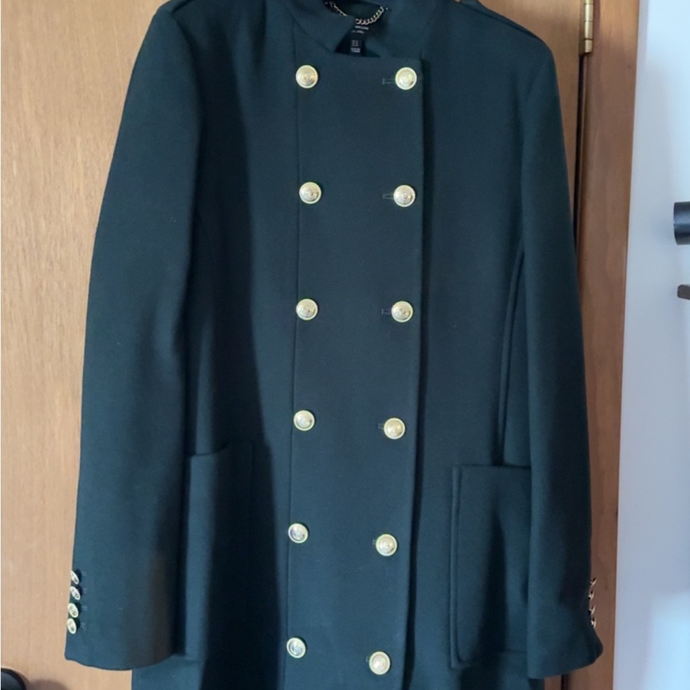 Karen Millen Black Double-Breasted Military-Style Pea Coat with Gold Buttons
